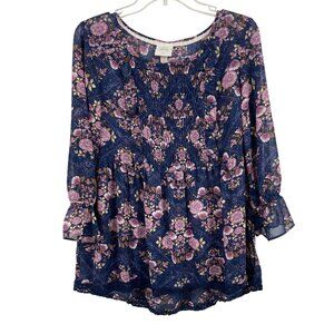 Knox Rose Floral Peasant Blouse With Ruffle Sleeves & Lace Hem Womens Size L